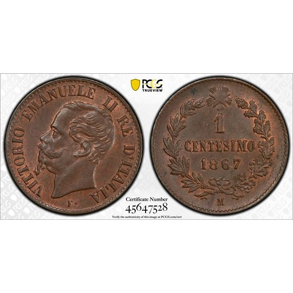 ITALY: Vittorio Emanule II, 1861-1878, AE centesimo, 1867-M, PCGS MS64 BN