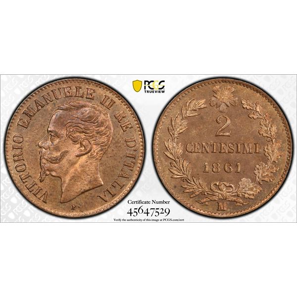 ITALY: Vittorio Emanule II, 1861-1878, AE 2 centesimi, 1861-M, PCGS MS65 RB
