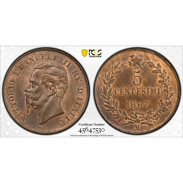 ITALY: Vittorio Emanule II, 1861-1878, AE 5 centesimi, 1867-M, PCGS MS64 RB