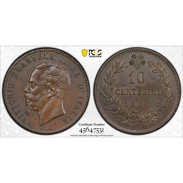 ITALY: Vittorio Emanule II, 1861-1878, AE 10 centesimi, 1863, PCGS MS62 BN