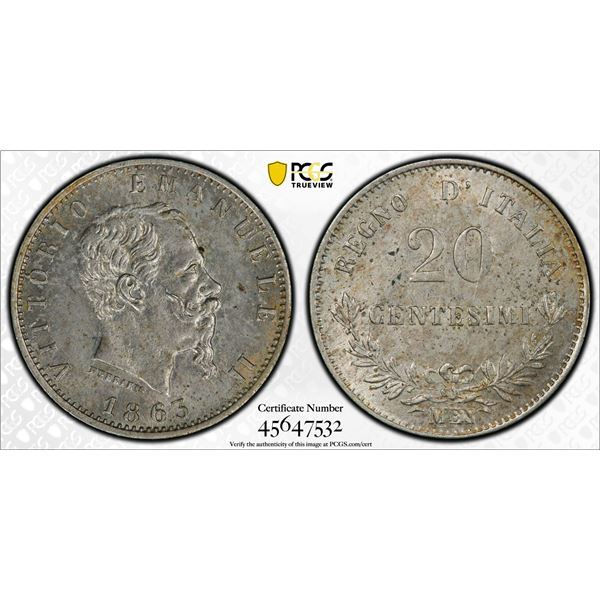 ITALY: Vittorio Emanule II, 1861-1878, AR 20 centesimi, 1863-M, PCGS MS62