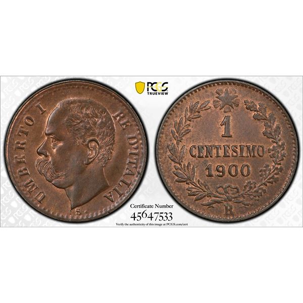 ITALY: Umberto I, 1878-1900, AE centesimo, 1900-R, PCGS MS65 BN