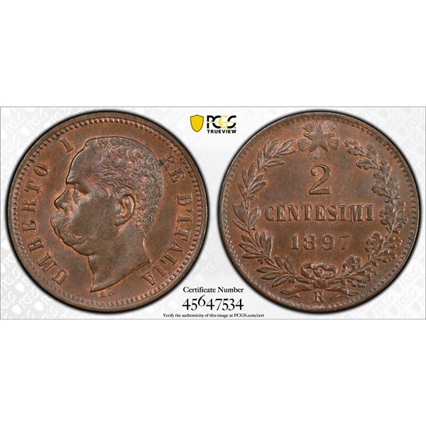 ITALY: Umberto I, 1878-1900, AE 2 centesimi, 1897-R, PCGS MS65 BN