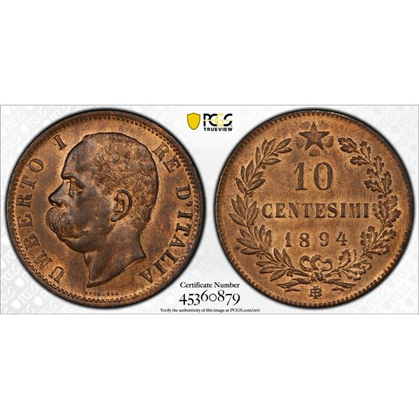 ITALY: Umberto I, 1878-1900, AE 10 centesimi, 1894-BI, PCGS MS64 RB