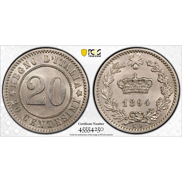 ITALY: Umberto I, 1878-1900, 20 centesimi, 1894-KB, PCGS MS64