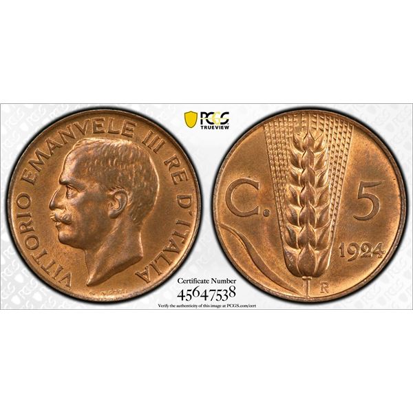 ITALY: Vittorio Emanuele III, 1900-1946, AE 5 centesimi, 1924-R, PCGS MS65 RB