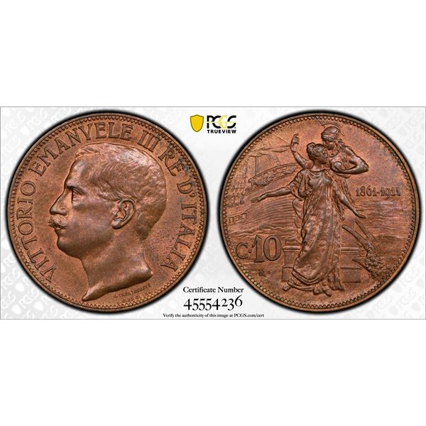 ITALY: Vittorio Emanuele III, 1900-1946, AE 10 centesimi, 1911-R, PCGS MS64 BN