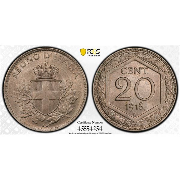 ITALY: Vittorio Emanuele III, 1900-1946, 20 centesimi, 1918-R, MS65