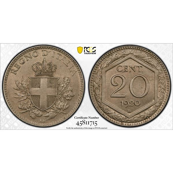ITALY: Vittorio Emanuele III, 1900-1946, 20 centesimi, 1920-R, PCGS MS65