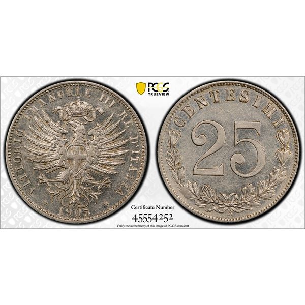 ITALY: Vittorio Emanuele III, 1900-1946, 25 centesimi, 1903-R, PCGS AU58