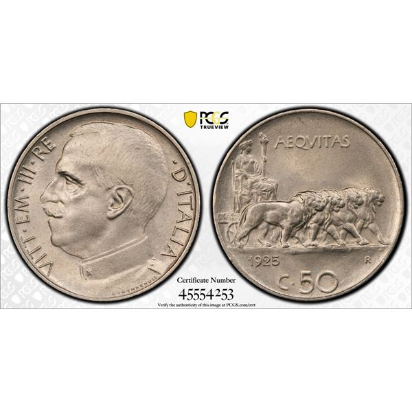 ITALY: Vittorio Emanuele III, 1900-1946, 50 centesimi, 1925-R, PCGS MS66