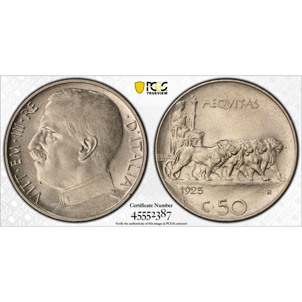 ITALY: Vittorio Emanuele III, 1900-1946, 50 centesimi, 1925, PCGS AU58