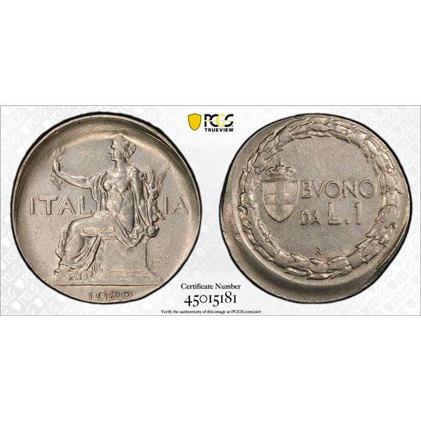 ITALY: Vittorio Emanuele III, 1900-1946, 1 lira, 1922, PCGS AU55