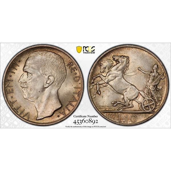 ITALY: Vittorio Emanuele III, 1900-1946, AR 10 lire, 1927-R, PCGS MS65