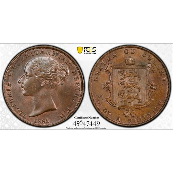 JERSEY: Victoria, 1837-1901, AE 1/26 shilling, 1861, PCGS MS64 BN