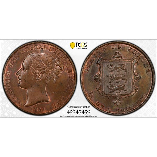 JERSEY: Victoria, 1837-1901, AE 1/13 shilling, 1851, PCGS MS63 BN