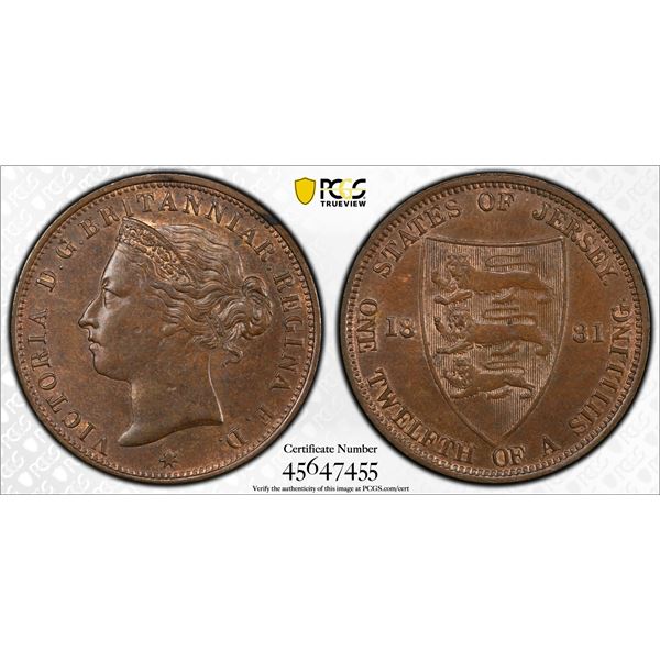 JERSEY: Victoria, 1837-1901, AE 1/12 shilling, 1881, PCGS MS62 BN