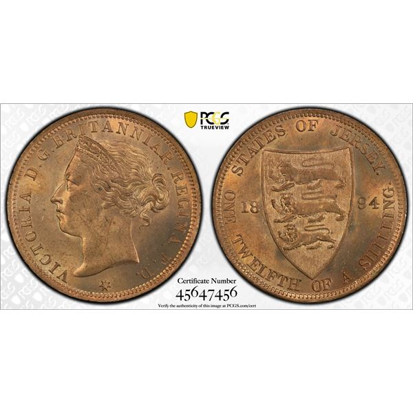 JERSEY: Victoria, 1837-1901, AE 1/12 shilling, 1894, PCGS MS64 RB
