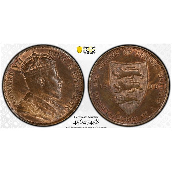 JERSEY: Edward VII, 1901-1910, AE 1/24 shilling, 1909, PCGS MS63 BN