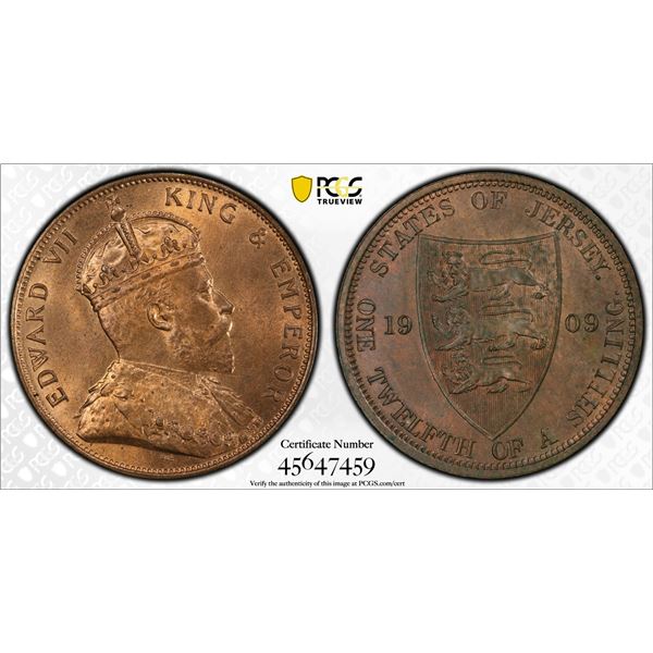 JERSEY: Edward VII, 1901-1910, AE 1/12 shilling, 1909, PCGS MS64 RB