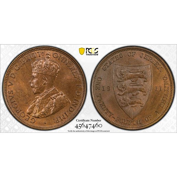 JERSEY: George V, 1910-1936, AE 1/24 shilling, 1911, PCGS MS64 BN