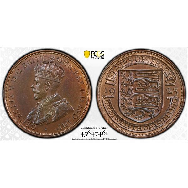 JERSEY: George V, 1910-1936, AE 1/12 shilling, 1923, PCGS MS64 BN