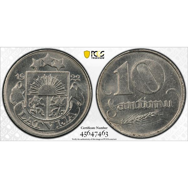LATVIA: Republic, 10 santims, 1922, PCGS MS64