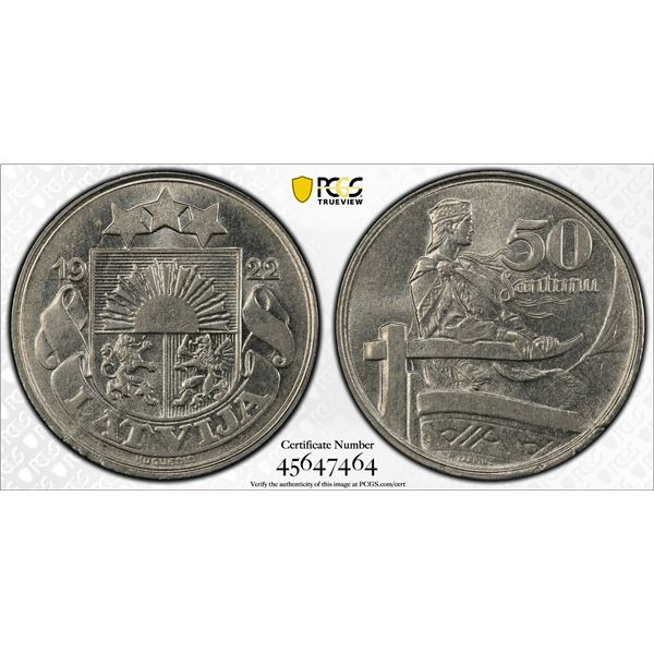 LATVIA: Republic, 50 santims, 1922, PCGS MS63