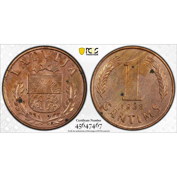 LATVIA: Republic, AR 2 lats, 1938, PCGS MS63 RB