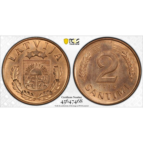 LATVIA: Republic, AE 2 santims, 1939, PCGS MS64 RB