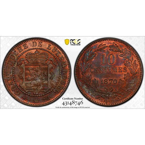 LUXEMBOURG: Willem III, 1849-1890, AE 10 centimes, 1870, PCGS MS64 RB