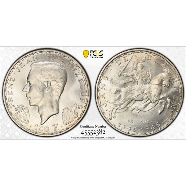 LUXEMBOURG: Charlotte, 1919-1964, AR 100 francs, 1946, PCGS MS66