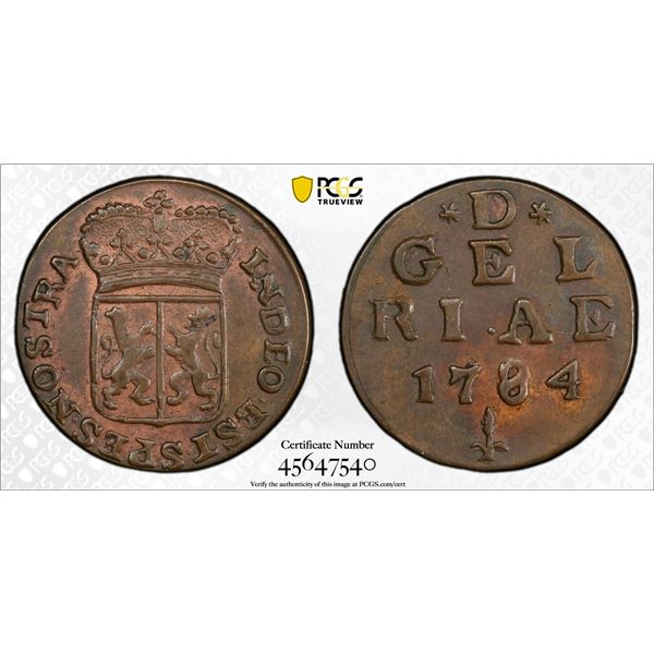 NETHERLANDS: Dutch Republic, AE duit, Gelderland, 1784, PCGS AU58