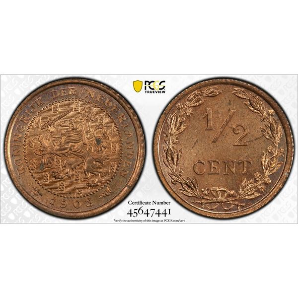 NETHERLANDS: Wilhelmina, 1890-1948, AE 1/2 cent, 1903, PCGS MS64 RB