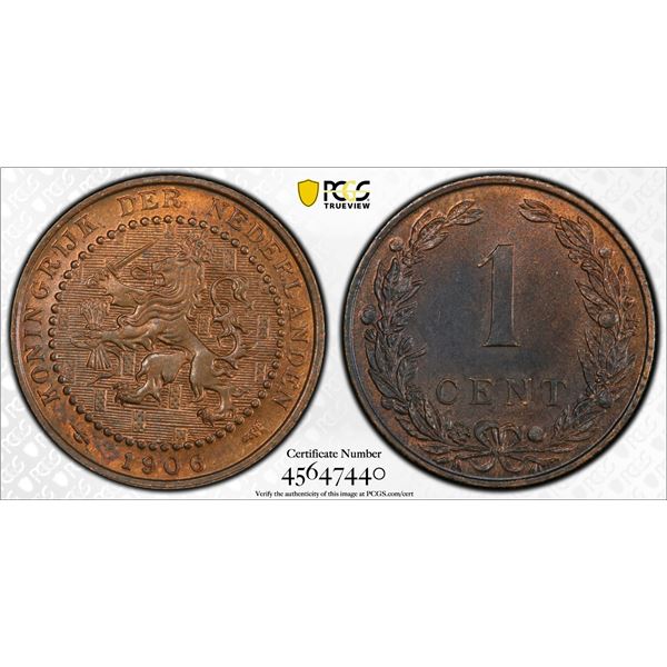 NETHERLANDS: Wilhelmina, 1890-1948, AE cent, 1906, PCGS MS64 BN