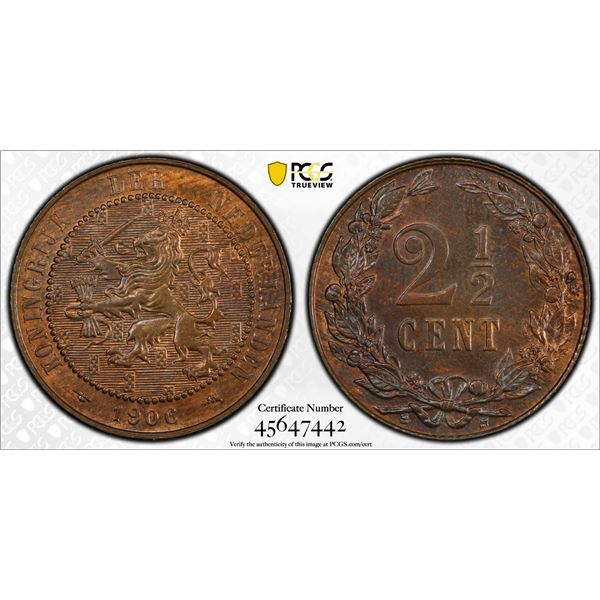 NETHERLANDS: Wilhelmina, 1890-1948, AE 2 1/2 cent, 1906, PCGS MS65 BN