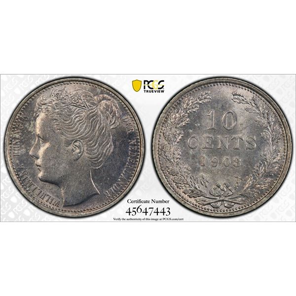 NETHERLANDS: Wilhelmina, 1890-1948, AR 10 cents, 1903, PCGS MS62