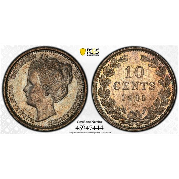 NETHERLANDS: Wilhelmina, 1890-1948, AR 10 cents, 1905, PCGS MS62
