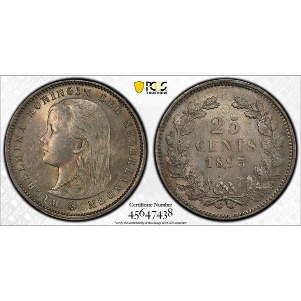 NETHERLANDS: Wilhelmina, 1890-1948, AR 25 cents, 1893, PCGS MS62