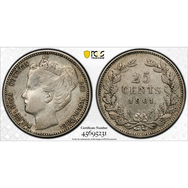 NETHERLANDS: Wilhelmina, 1890-1948, AR 25 cents, 1901, PCGS VF details