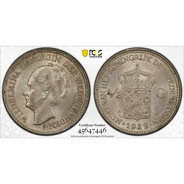 NETHERLANDS: Wilhelmina, 1890-1948, AR 1/2 gulden, 1929, PCGS AU58