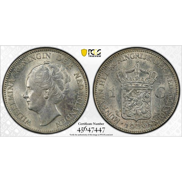 NETHERLANDS: Wilhelmina, 1890-1948, AR gulden, 1930, PCGS MS63