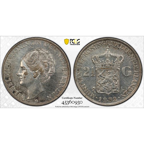 NETHERLANDS: Wilhelmina, 1890-1948, AR 2 1/2 gulden, 1932, PCGS XF details