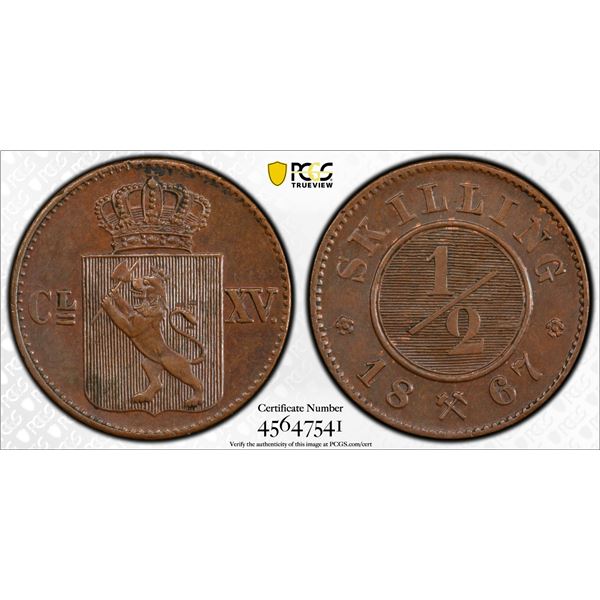 NORWAY: Carl XV, 1859-1872, AE 1/2 skilling, 1867, PCGS MS62 BN