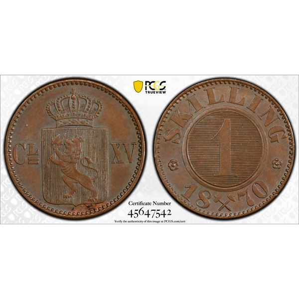 NORWAY: Carl XV, 1859-1872, AE skilling, 1870, PCGS MS62 BN