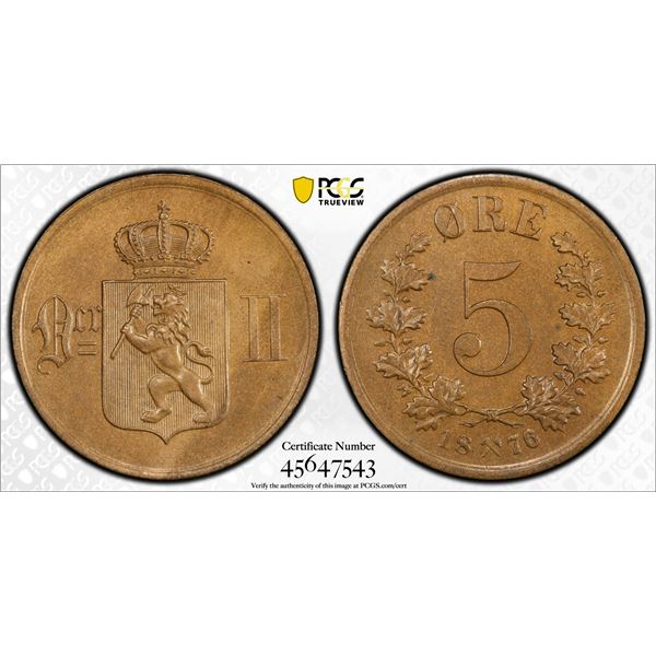 NORWAY: Oscar II, 1872-1905, AE 5 øre, 1876, PCGS MS64 BN