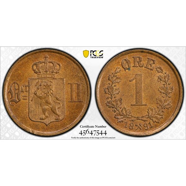 NORWAY: Oscar II, 1872-1905, AE øre, 1891, PCGS MS64 BN