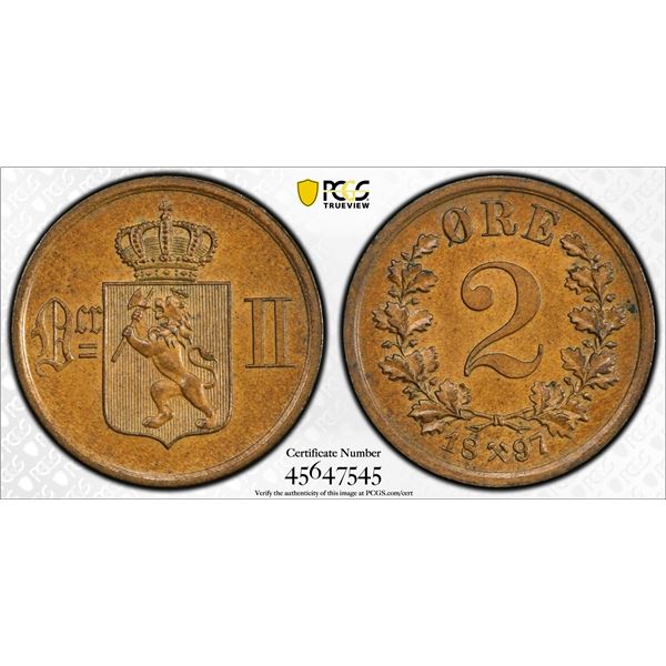 NORWAY: Oscar II, 1872-1905, AE 2 øre, 1897, PCGS MS64 BN