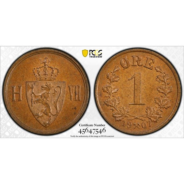 NORWAY: Haakon VII, 1905-1957, AE øre, 1907, PCGS MS64 BN