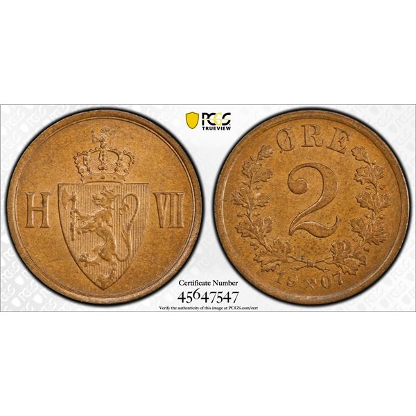 NORWAY: Haakon VII, 1905-1957, AE 2 øre, 1907, PCGS MS64 BN